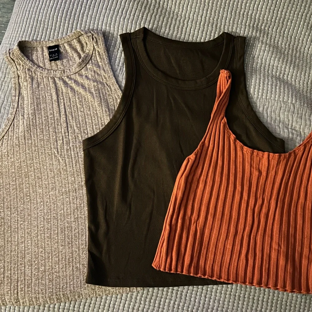 Set of Three Ribbed Tank Tops - Dark Brown, Orange, and Cream - Picture 1 of 1